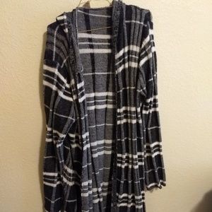 Long plad hooded cardigan